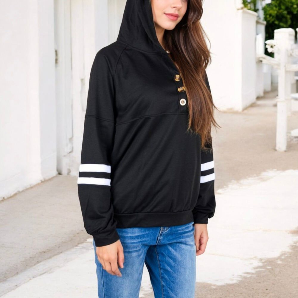 Button-Front Hoodie with Stripe Sleeve Detail and Relaxed Fit