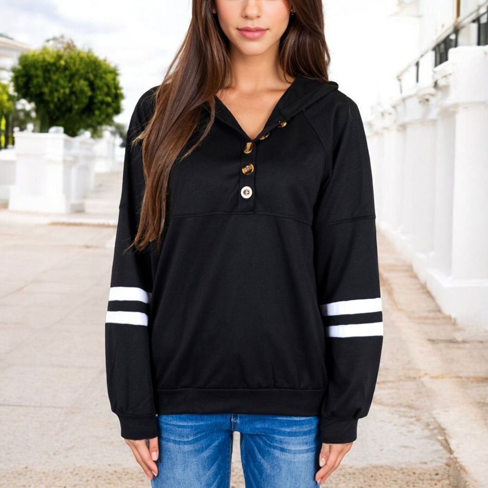 Button-Front Hoodie with Stripe Sleeve Detail and Relaxed Fit