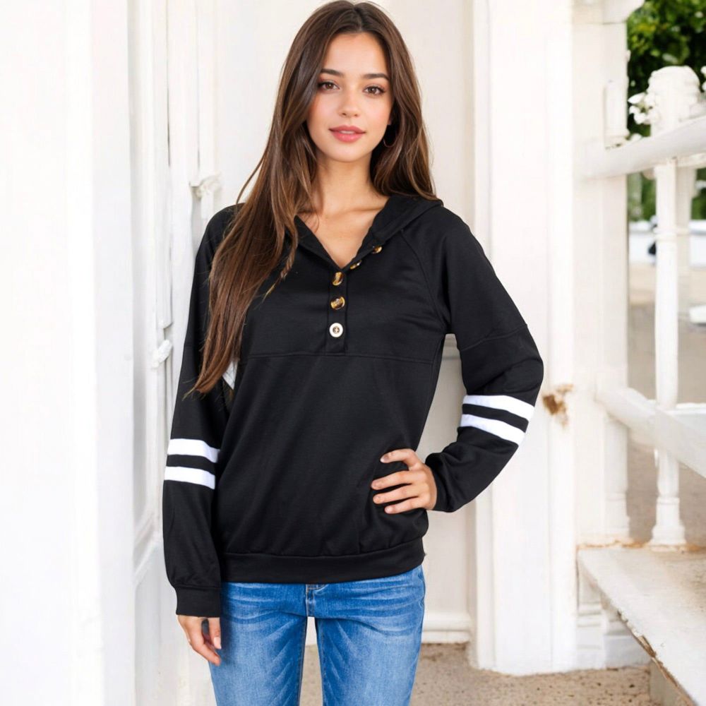 Button-Front Hoodie with Stripe Sleeve Detail and Relaxed Fit