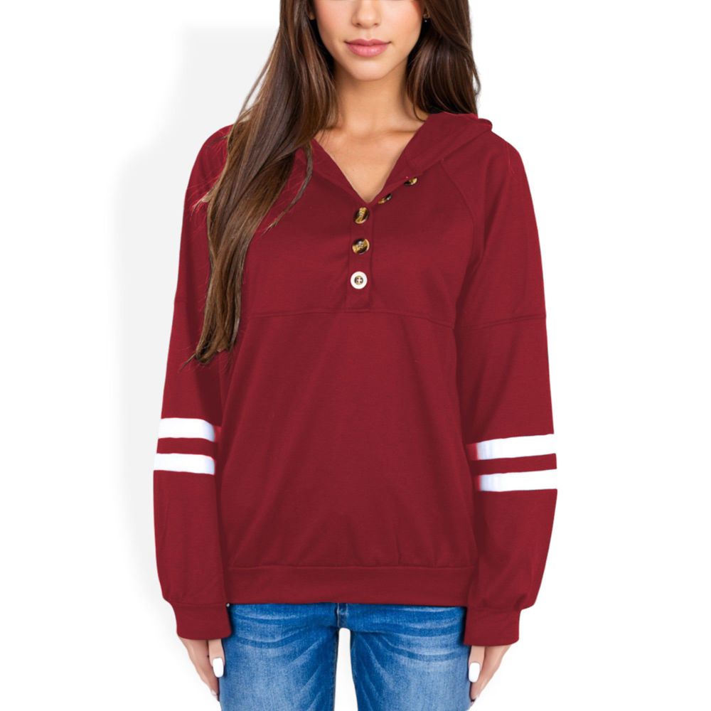 Button-Front Hoodie with Stripe Sleeve Detail and Relaxed Fit