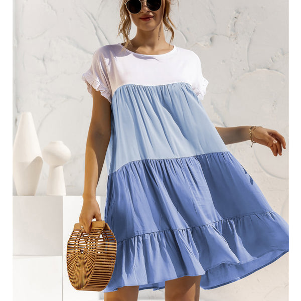 Short Sleeve Tiered Dress with Ruffle Hem and Color Block Design