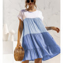  Short Sleeve Tiered Dress with Ruffle Hem and Color Block Design