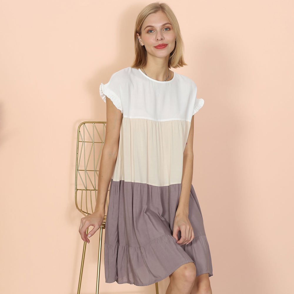 Short Sleeve Tiered Dress with Ruffle Hem and Color Block Design