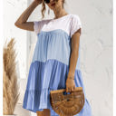 Blue Large Short Sleeve Tiered Dress with Ruffle Hem and Color Block Design