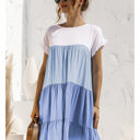 Blue Large Short Sleeve Tiered Dress with Ruffle Hem and Color Block Design