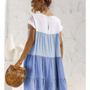 Blue Large Short Sleeve Tiered Dress with Ruffle Hem and Color Block Design