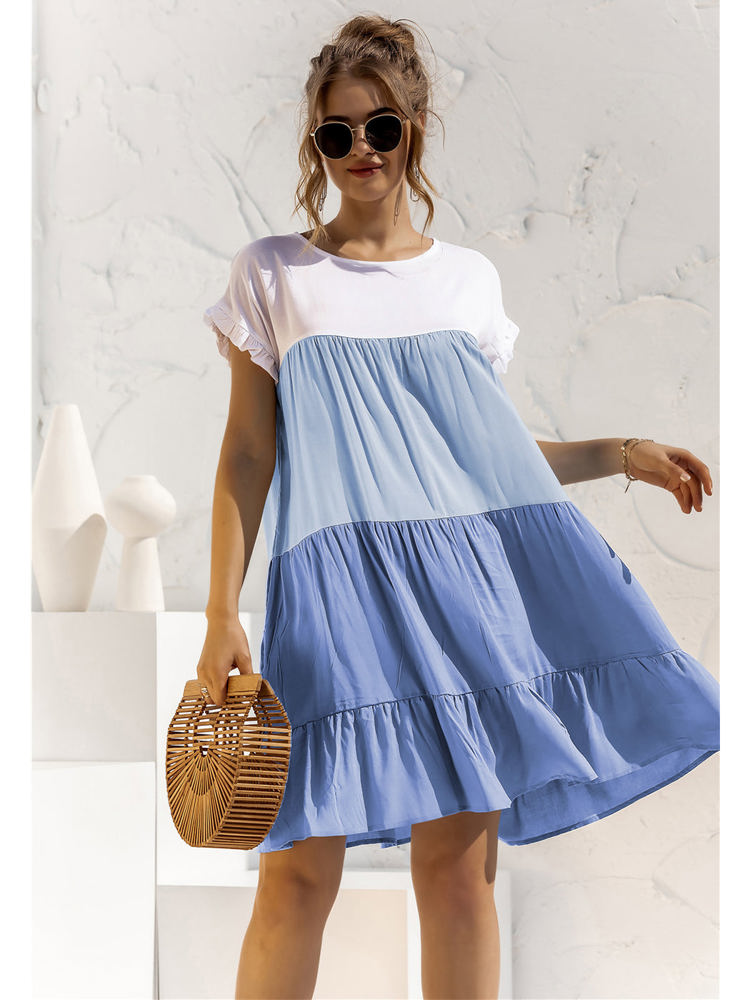 Short Sleeve Tiered Dress with Ruffle Hem and Color Block Design