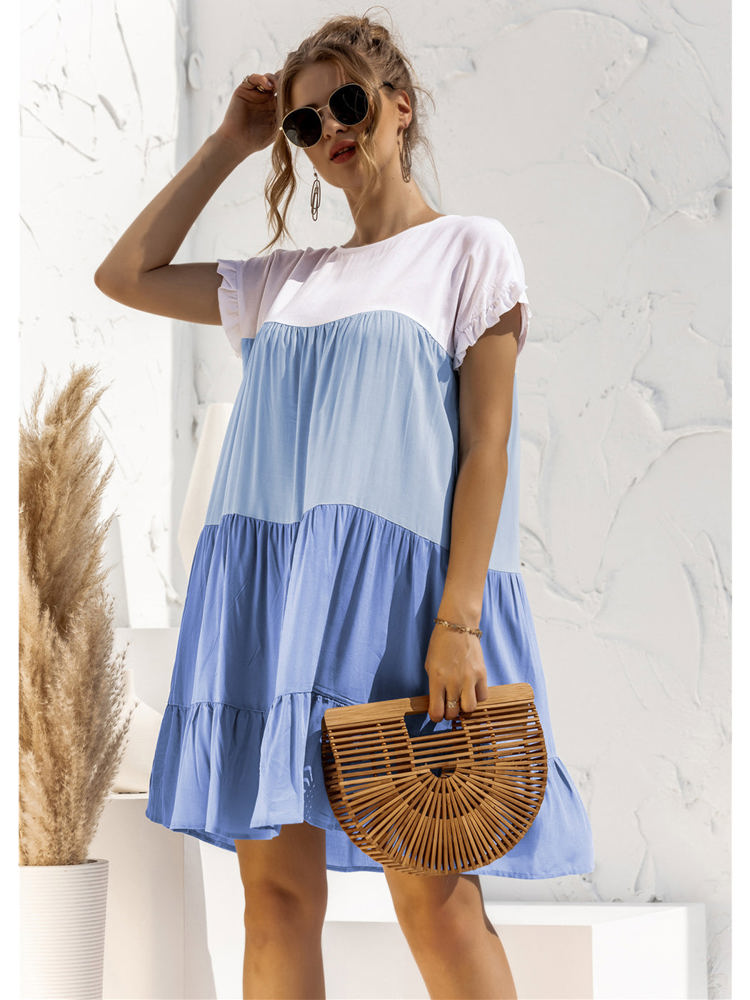 Short Sleeve Tiered Dress with Ruffle Hem and Color Block Design