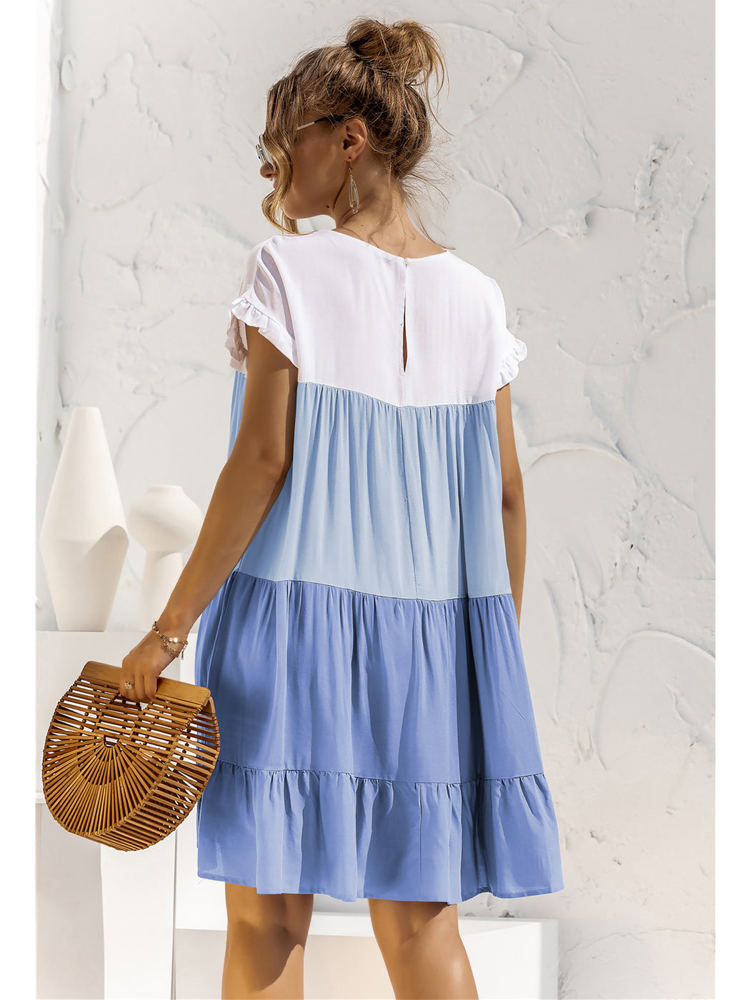 Short Sleeve Tiered Dress with Ruffle Hem and Color Block Design