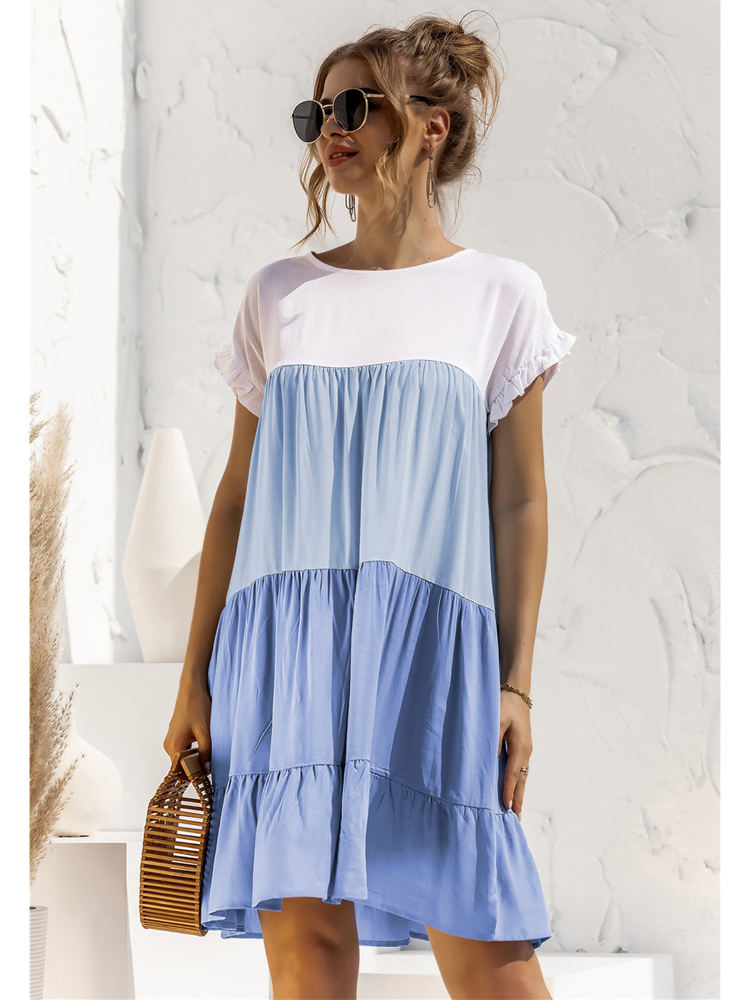 Short Sleeve Tiered Dress with Ruffle Hem and Color Block Design