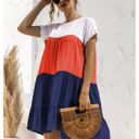 Multicolored Large Short Sleeve Tiered Dress with Ruffle Hem and Color Block Design