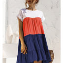 Multicolored Large Short Sleeve Tiered Dress with Ruffle Hem and Color Block Design