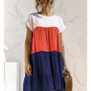 Multicolored Large Short Sleeve Tiered Dress with Ruffle Hem and Color Block Design