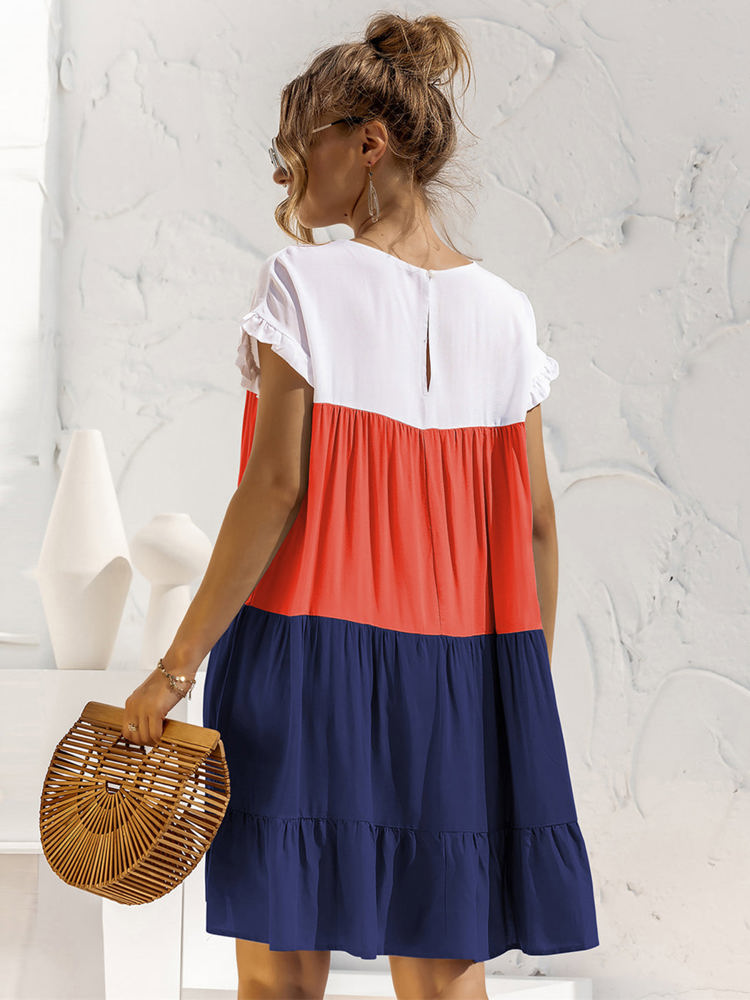 Short Sleeve Tiered Dress with Ruffle Hem and Color Block Design