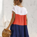 Multicolored Large Short Sleeve Tiered Dress with Ruffle Hem and Color Block Design