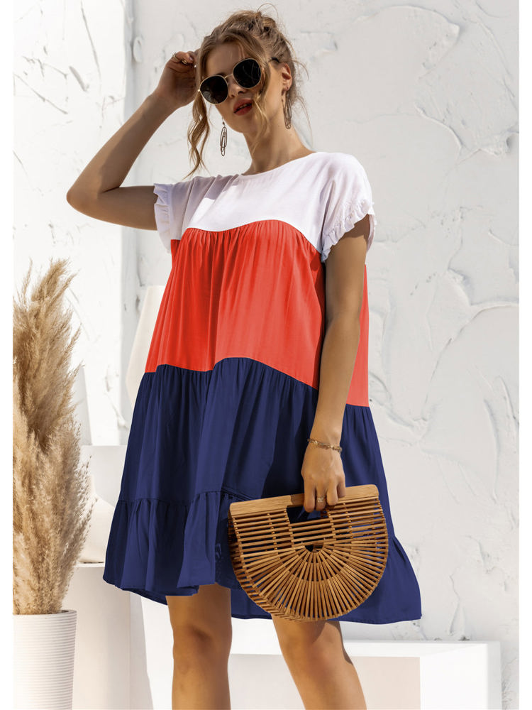 Short Sleeve Tiered Dress with Ruffle Hem and Color Block Design