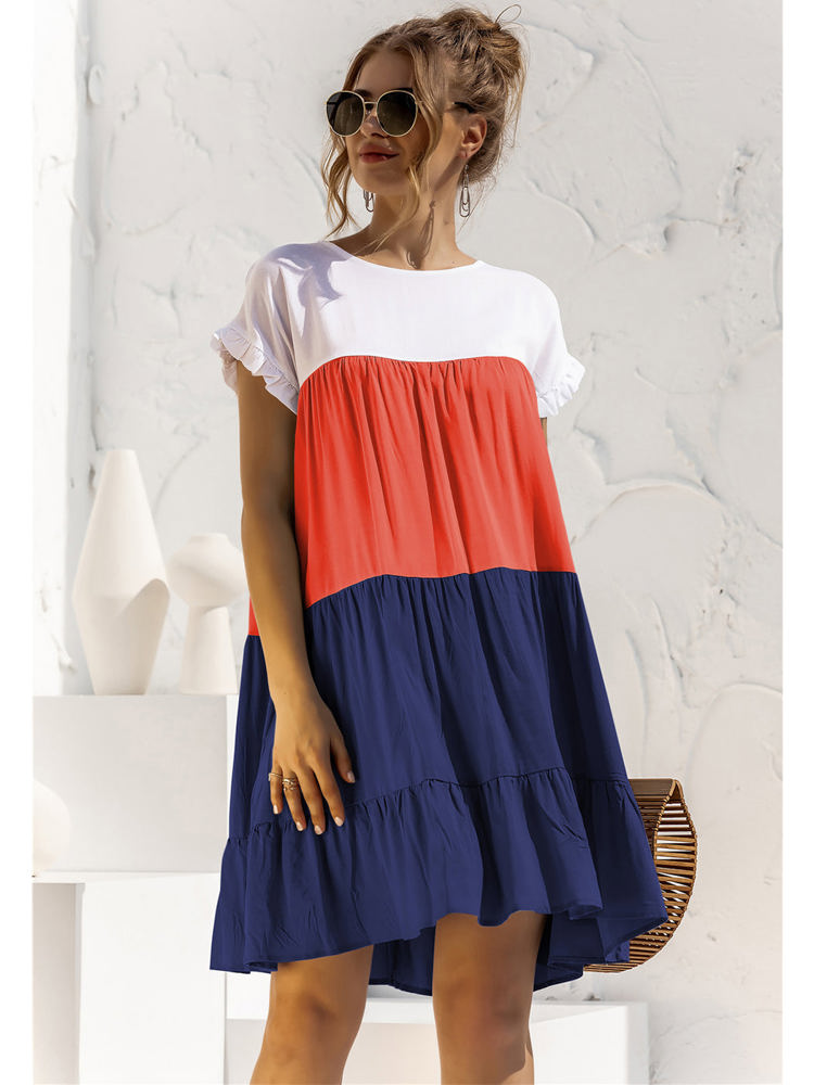 Short Sleeve Tiered Dress with Ruffle Hem and Color Block Design