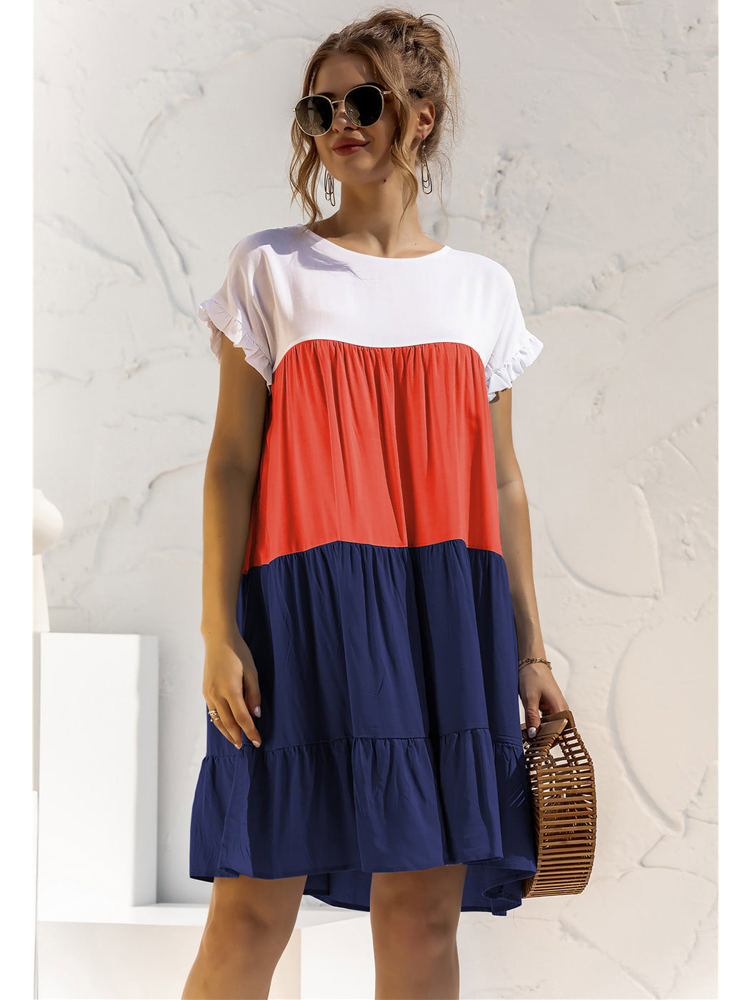 Short Sleeve Tiered Dress with Ruffle Hem and Color Block Design