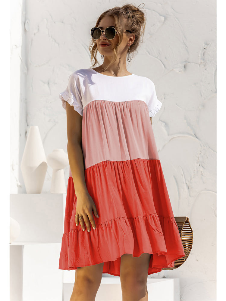 Short Sleeve Tiered Dress with Ruffle Hem and Color Block Design