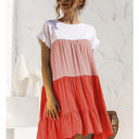 Pink Large Short Sleeve Tiered Dress with Ruffle Hem and Color Block Design