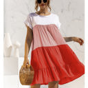 Pink Large Short Sleeve Tiered Dress with Ruffle Hem and Color Block Design