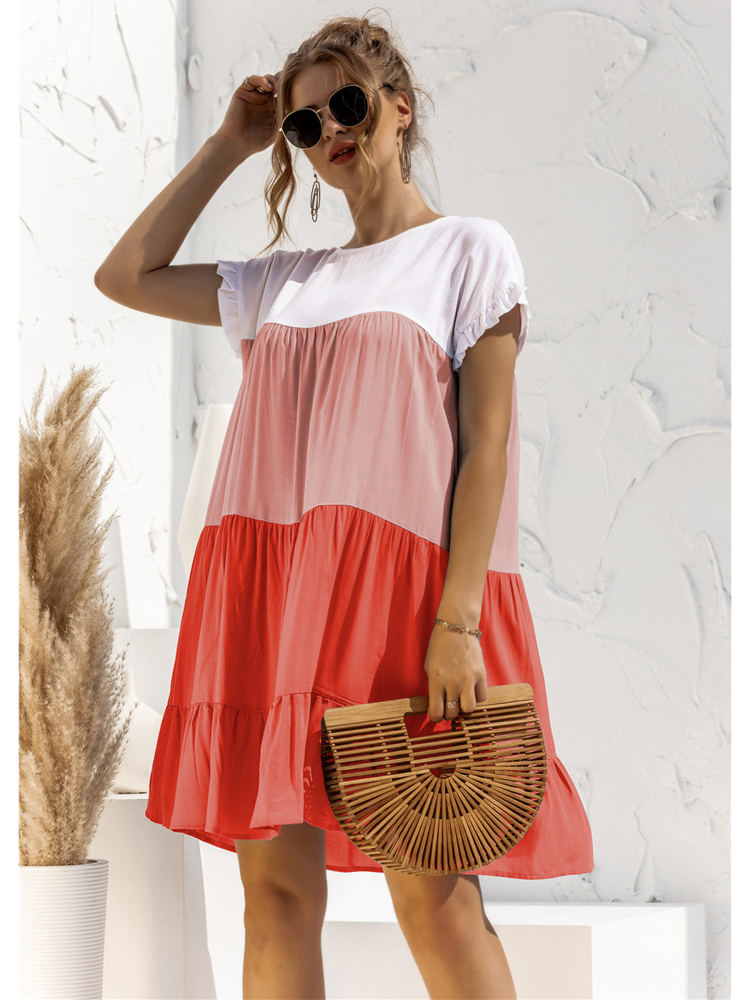 Short Sleeve Tiered Dress with Ruffle Hem and Color Block Design