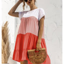 Pink Large Short Sleeve Tiered Dress with Ruffle Hem and Color Block Design