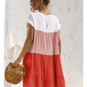 Pink Large Short Sleeve Tiered Dress with Ruffle Hem and Color Block Design