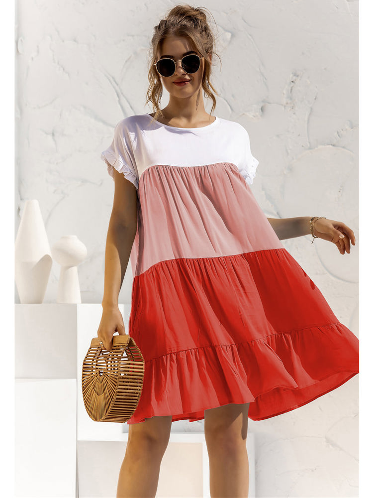 Short Sleeve Tiered Dress with Ruffle Hem and Color Block Design