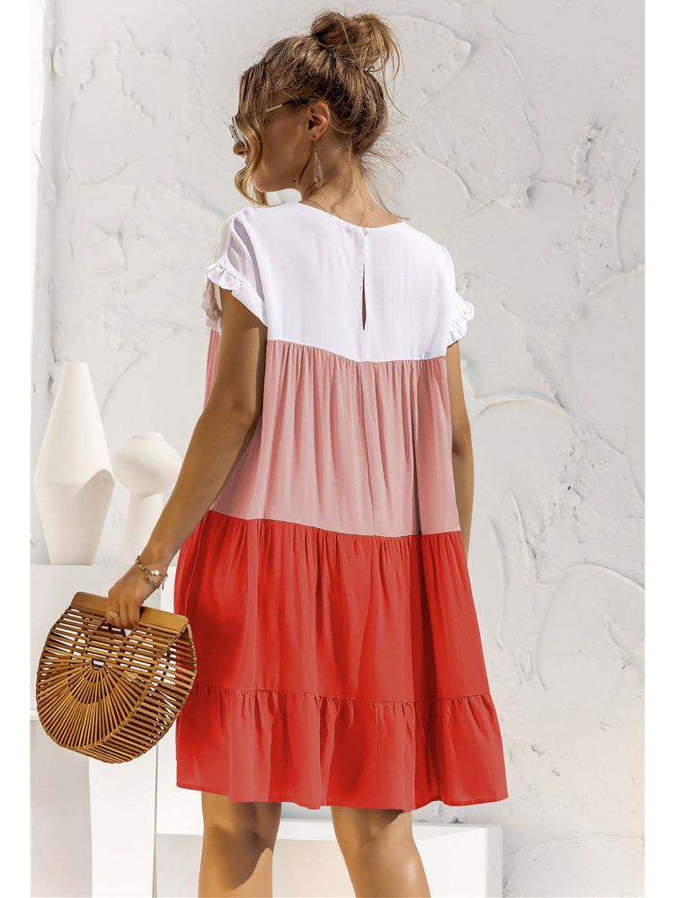 Short Sleeve Tiered Dress with Ruffle Hem and Color Block Design