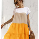 Yellow Large Short Sleeve Tiered Dress with Ruffle Hem and Color Block Design