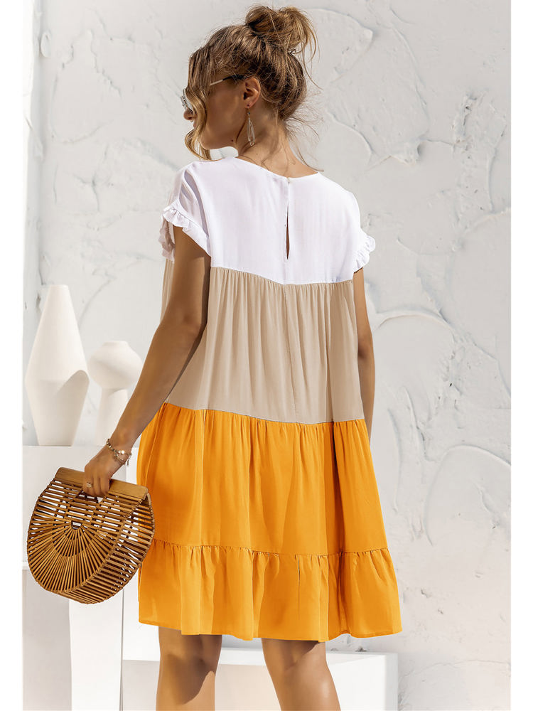 Short Sleeve Tiered Dress with Ruffle Hem and Color Block Design