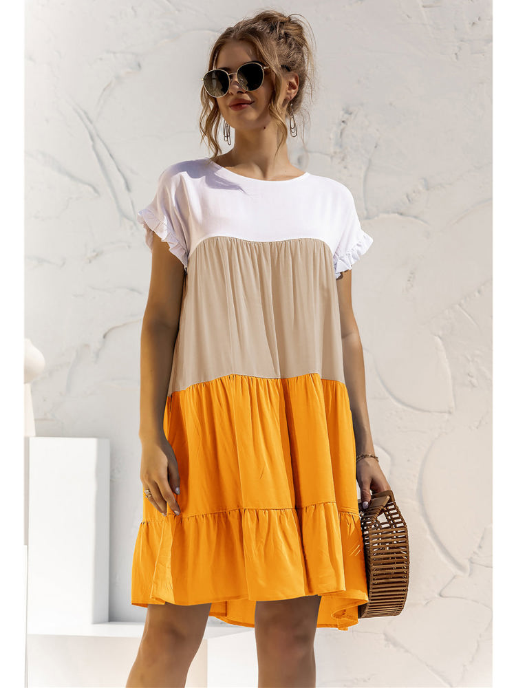 Short Sleeve Tiered Dress with Ruffle Hem and Color Block Design