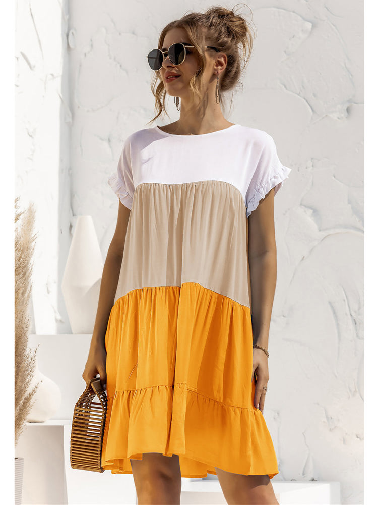 Short Sleeve Tiered Dress with Ruffle Hem and Color Block Design