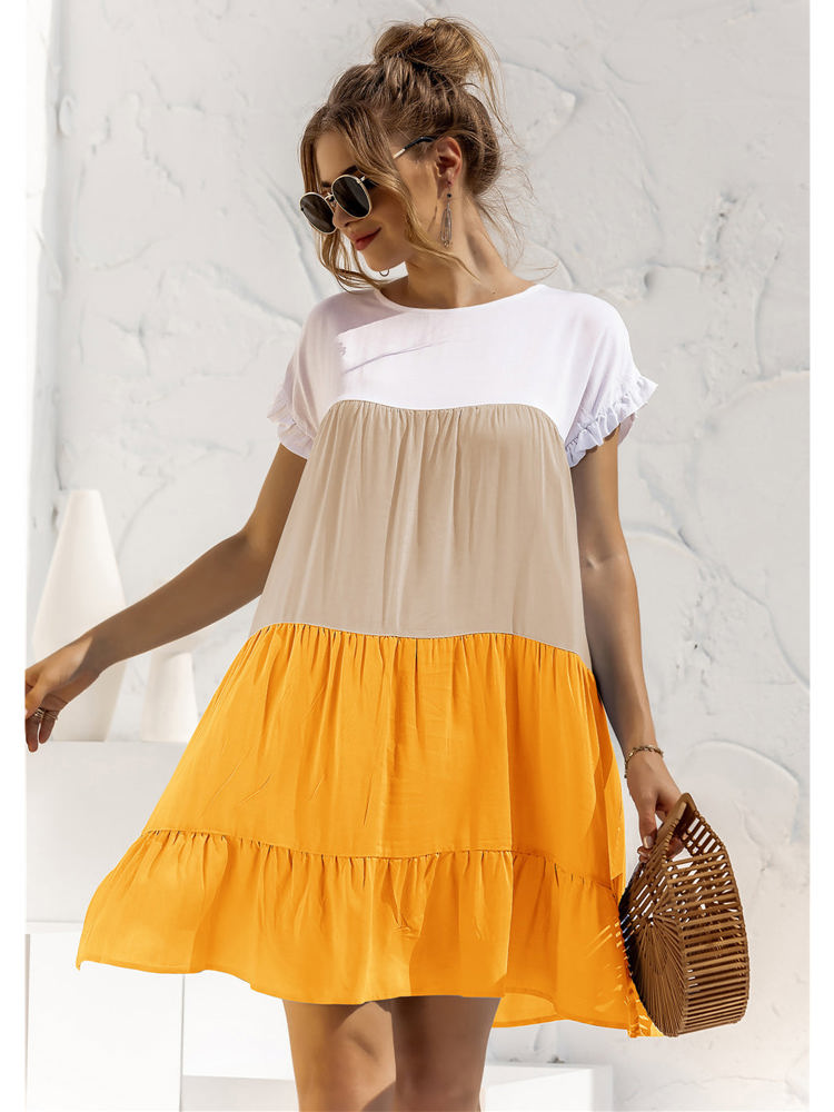 Short Sleeve Tiered Dress with Ruffle Hem and Color Block Design