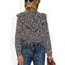 Black Large Polka Dot Blouse with Ruffled Front Detail and High Neck