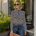 Black Large Polka Dot Blouse with Ruffled Front Detail and High Neck