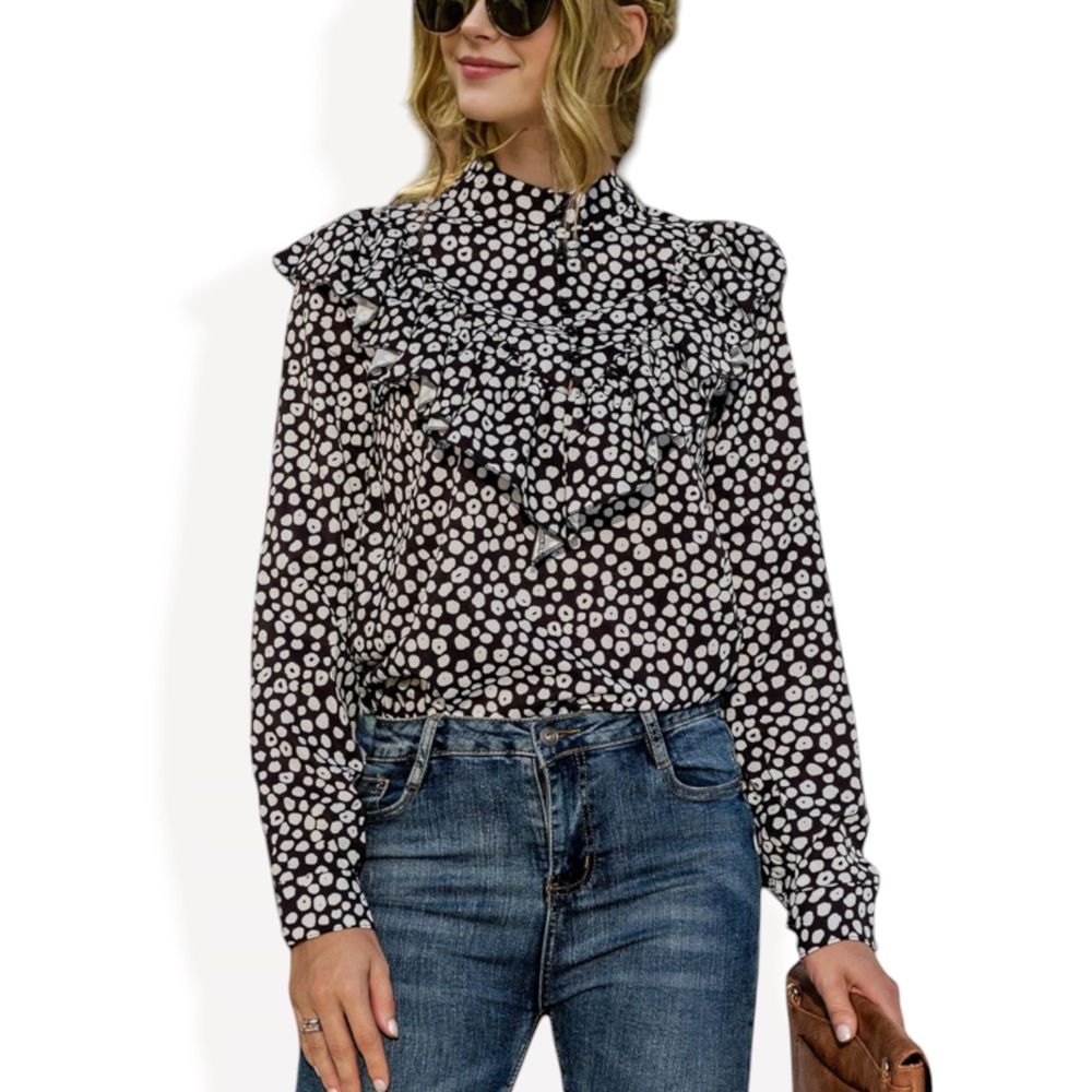 Polka Dot Blouse with Ruffled Front Detail and High Neck