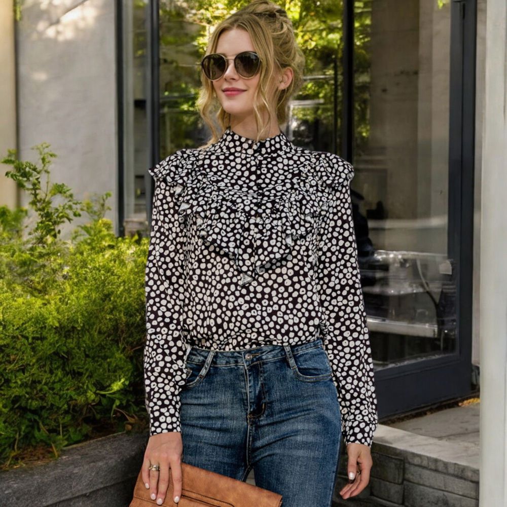 Polka Dot Blouse with Ruffled Front Detail and High Neck