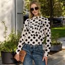 White Large Polka Dot Blouse with Ruffled Front Detail and High Neck