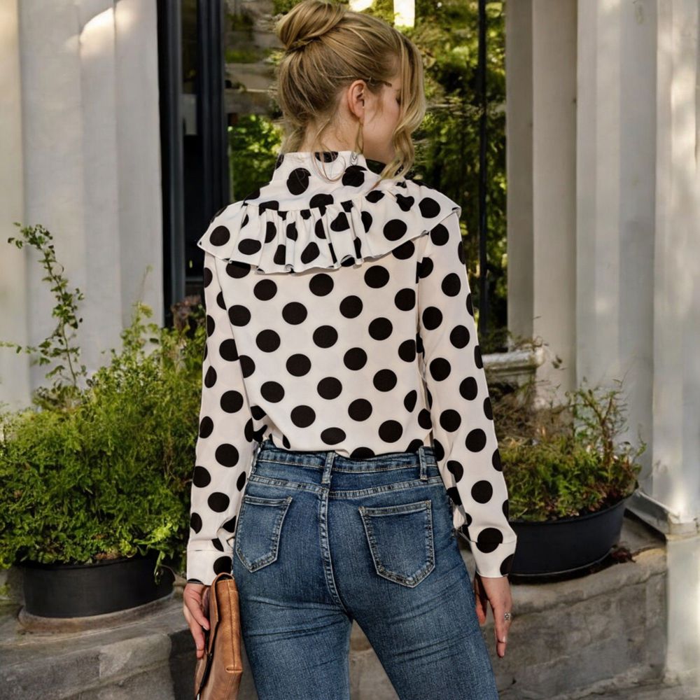 Polka Dot Blouse with Ruffled Front Detail and High Neck