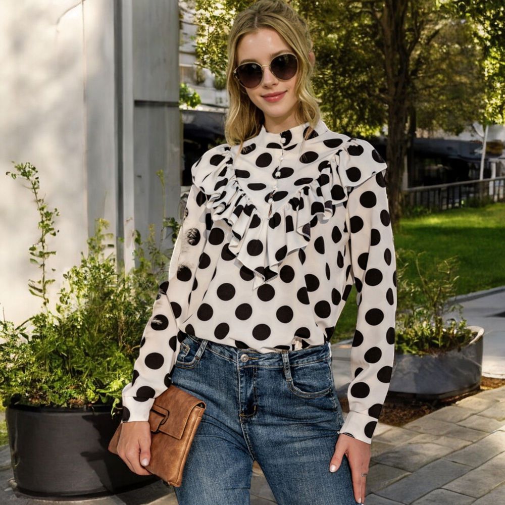 Polka Dot Blouse with Ruffled Front Detail and High Neck