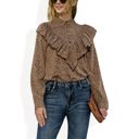 Beige Medium Polka Dot Blouse with Ruffled Front Detail and High Neck