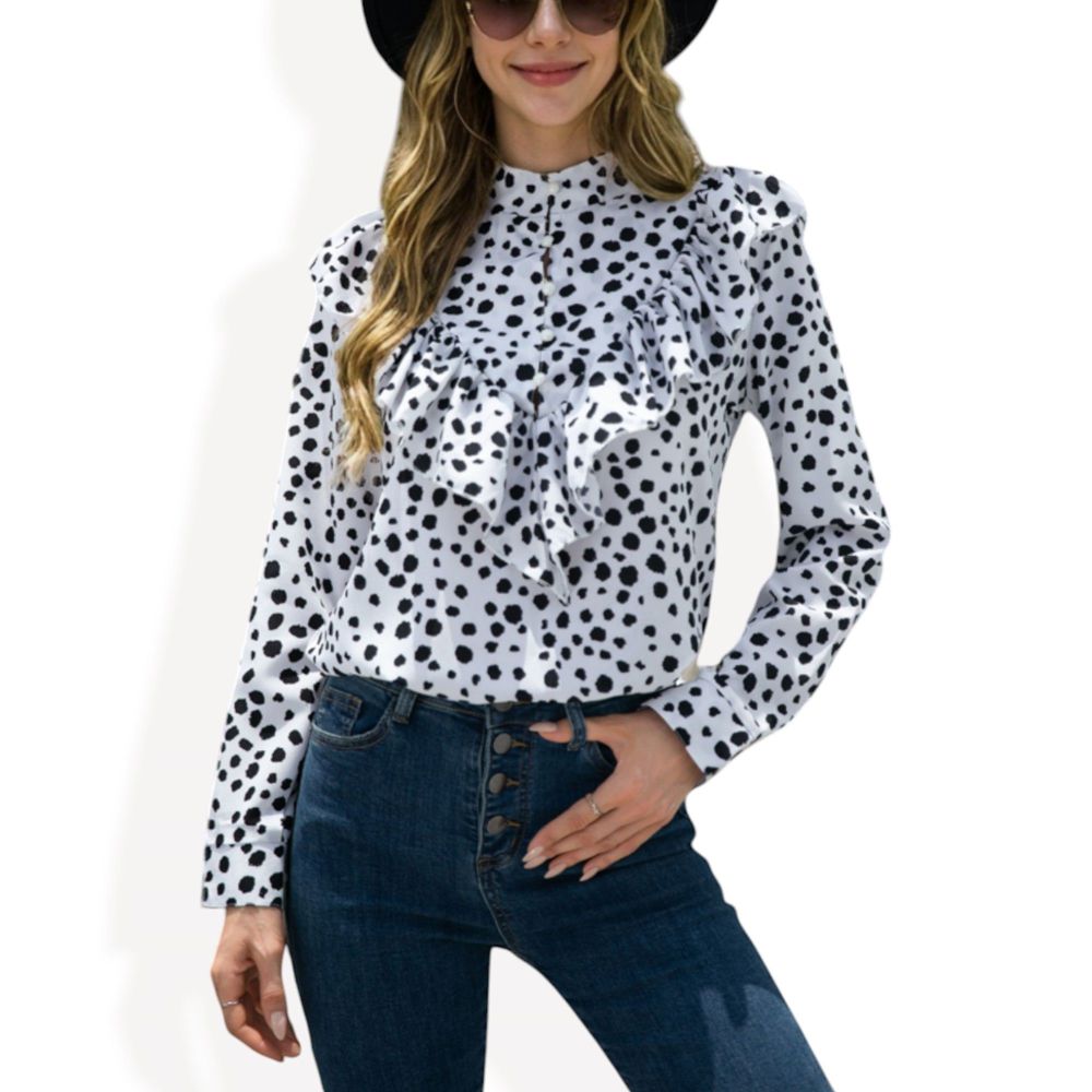 Polka Dot Blouse with Ruffled Front Detail and High Neck