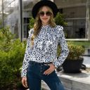 White Large Polka Dot Blouse with Ruffled Front Detail and High Neck