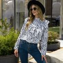 White Large Polka Dot Blouse with Ruffled Front Detail and High Neck