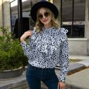 White Large Polka Dot Blouse with Ruffled Front Detail and High Neck