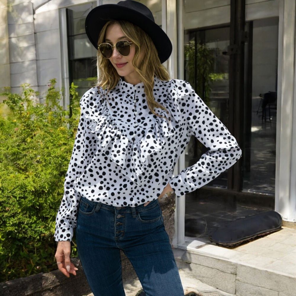 Polka Dot Blouse with Ruffled Front Detail and High Neck