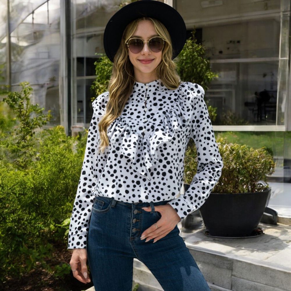 Polka Dot Blouse with Ruffled Front Detail and High Neck