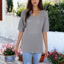 Gray Large Front Pocket Short Sleeve Textured Popcorn Lounge Tunic